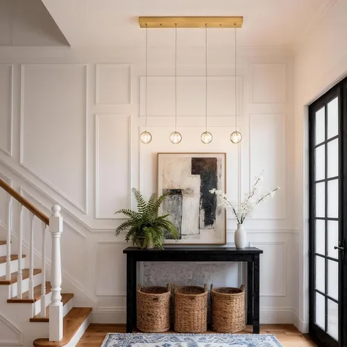 Miniatura 3 de Lámparas colgantes de oro cepillado de 4 luces para isla de cocina moderna, lámparas colgantes de globo de cristal para comedor sobre mesa, lámparas