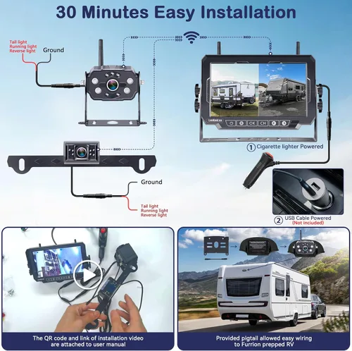 Miniatura 3 de Cámaras de respaldo inalámbricas duales para RV - Fácil instalación, grabación plug-play HD 1080P, monitor táctil de 7" con tecla, cámara de visión