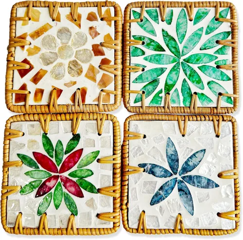Juego de 4 posavasos de ratán hechos a mano, bonitos posavasos con madreperla, costeros y bohemios, vintage para bebidas, mesa auxiliar, bar y