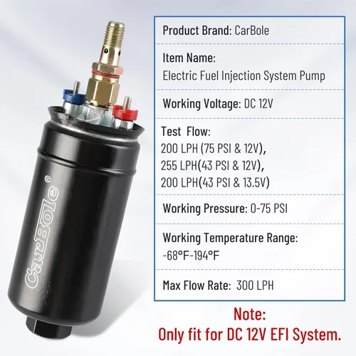 Miniatura 6 de CarBole Bomba de combustible universal eléctrica externa en línea, 12V 300LPH de alto flujo, con abrazadera de montaje