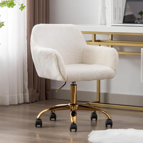 Miniatura 14 de Silla de escritorio giratoria peluda, silla de oficina tapizada de tela de peluche blanca, silla de tocador con ruedas ajustable en altura