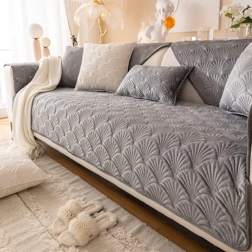 Miniatura 14 de vctops Fundas acolchadas de terciopelo súper suave para sofá y sillón, funda antideslizante para sofá seccional con patrón de hojas, forro de sofá