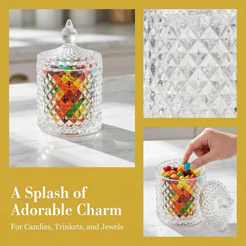 Miniatura 5 de Hedume Paquete de 4 tarros facetados de diamantes de cristal con tapa de cristal, juego de organización de almacenamiento de alimentos de vidrio