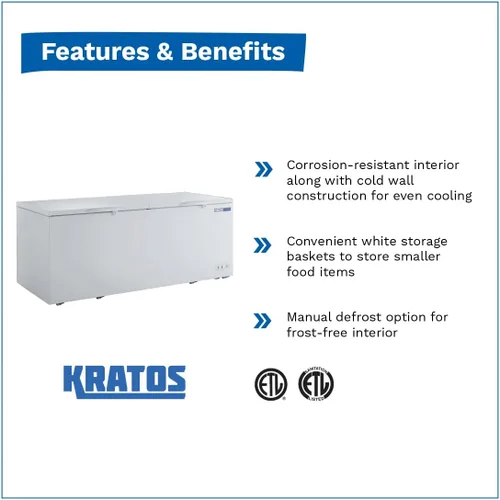 Kratos Congelador de pecho comercial, capacidad de 23 pies cúbicos, parte superior sólida, blanco, almacenamiento grande (69K-750)