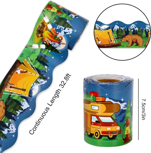 Miniatura 2 de Whaline Tablero de anuncios de campamento de 32.8 pies, borde de oso de dibujos animados, tienda de campaña, bosque, troquelado, borde recortado