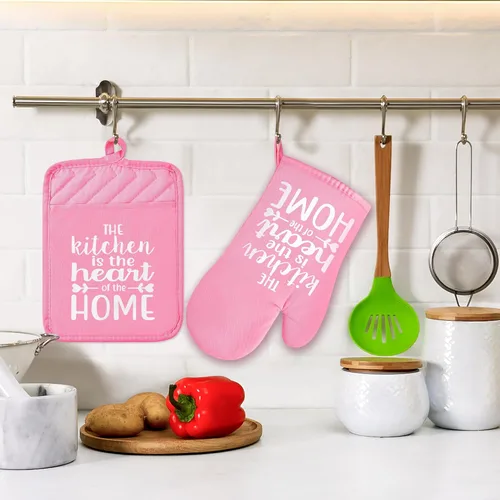 Miniatura 5 de 6 manoplas de horno divertidas, soportes para ollas, The Kitchen is The Heart of The Home, resistentes al calor, lavables a máquina, con bolsillo