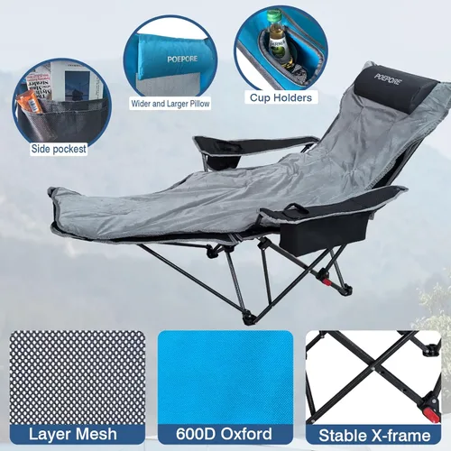 Miniatura 6 de Silla de camping reclinable de 4 posiciones con reposapiés, cómoda para adultos, tumbona plegable de 265 libras, silla de playa de malla con bolsa