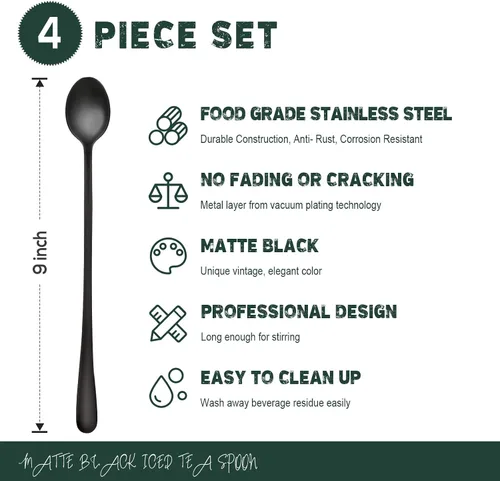 Miniatura 2 de Hiware Cucharas de mango largo de 9 pulgadas con acabado mate negro para té helado, cuchara de café, cuchara de helado, cucharas de acero inoxidable