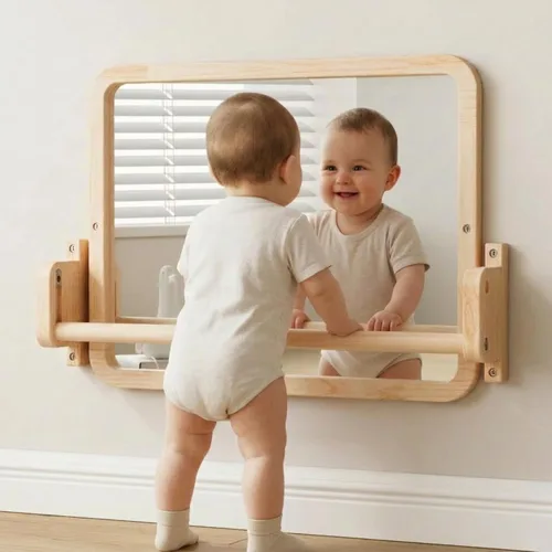 Miniatura 7 de Woodtoe Espejo Montessori con barra, juguetes ajustables para bebés, marco de madera maciza sin pintar natural y barra de dominadas para bebés