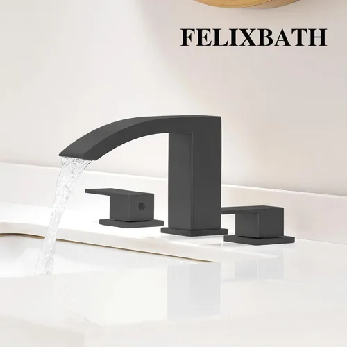 Miniatura 8 de Grifo de baño de cascada negra de 3 agujeros, grifo de baño negro mate de 8 pulgadas con drenaje desplegable y 2 líneas de suministro de agua, grifo