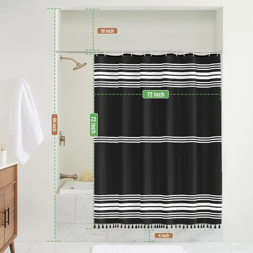 Miniatura 8 de Seasonwood Cortina de ducha negra a rayas blancas de tela moderna con borlas negras, cortinas de ducha bohemias para decoración de baño