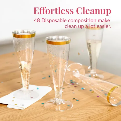 Miniatura 4 de Prestee 48 Copas de Champán de Plástico Desechables con Borde Dorado con Purpurina - Vasos Transparentes para Brindis de Mimosa, Fiesta de Año Nuevo