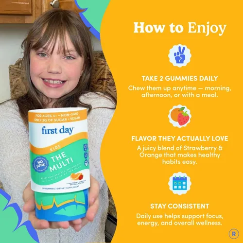 Miniatura 8 de FIRST DAY Gomitas multivitamínicas para niños a partir de 4 años, sabor a fresa y naranja - Vitaminas para niños, multivitamínicas gomosas A C D3 K2