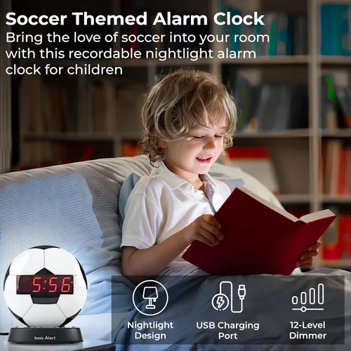 Miniatura 2 de Sonic Alert Reloj despertador con balón de fútbol con luz nocturna brillante, batería de reserva y atenuador de rango completo, reloj despertador