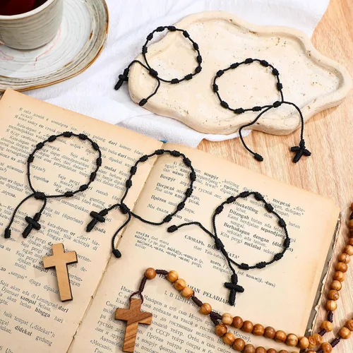 Miniatura 3 de Otuuz 24 pulseras de rosario católico negro hechas a mano con cruz de rosario para hombres y mujeres, 10 nudos con recuerdos de mano de bautizo