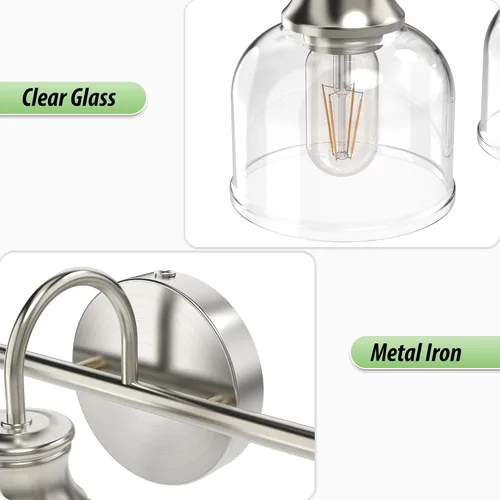 Miniatura 5 de Lámpara de tocador de baño de 3 luces, níquel cepillado, tradicional, clásica, con vidrio transparente, accesorios de iluminación de baño sobre