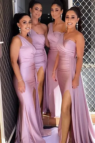 Miniatura 3 de Vestidos largos de dama de honor de un hombro para mujer, vestido formal de satén con abertura