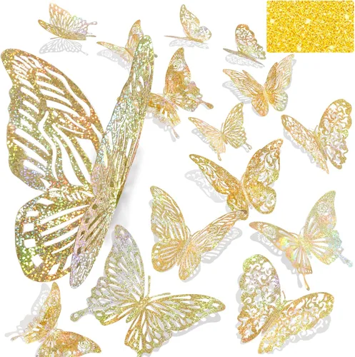Miniatura 13 de 60 calcomanías de pared de mariposa plateada iridiscente 3D, calcomanías holográficas con 5 estilos murales de papel decorativo para guardería, aula