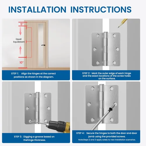 Miniatura 8 de HOSOM Paquete de 6 bisagras de puerta de níquel satinado de 3.5 pulgadas, bisagras de puerta interior resistentes con radio de 1/4 pulgada, bisagras