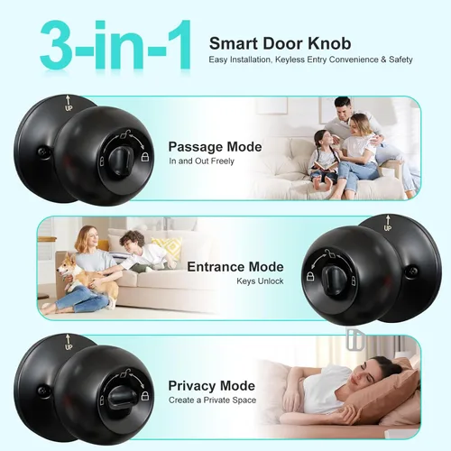 Miniatura 2 de JO.KO Pomo de puerta con cerradura y llave, cerradura de bola redonda mate negra para puerta interior/exterior para dormitorio o baño/manija