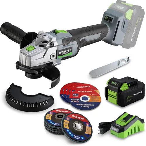WORKPRO Amoladora angular inalámbrica, amoladora sin escobillas de 20 V con batería de 4.0 Ah y cargador rápido, discos de 4-1/2 pulgadas, motor sin