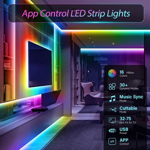 Miniatura 4 de Tira de luces LED, 150 luces LED RGB de 16.4 pies para TV de 32 a 75 pulgadas por detrás, sincronización de música, control de aplicación, tira LED