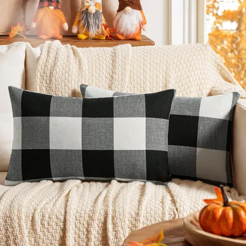 Miniatura 18 de MIULEE - Paquete de 2 fundas de almohada decorativas clásicas de Navidad de lino y poliéster a cuadros de granja, color negro sólido y rojo