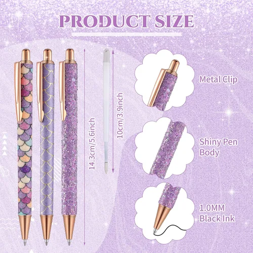Miniatura 2 de Sherr 7 bolígrafos elegantes para mujer, lindos bolígrafos de purpurina brillantes con 10 recambios de tinta negra, bonitos regalos para niñas
