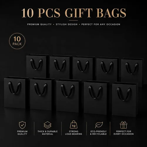Miniatura 4 de SHIPKEY Paquete de 10 bolsas de regalo pequeñas Bolsa de regalo negra de 6x2.5x8 pulgadas, bolsas de papel para hombres, bolsa de recuerdo