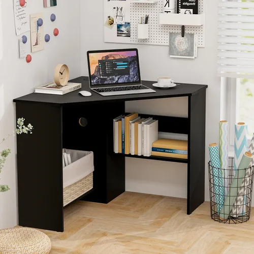Miniatura 3 de Escritorio esquinero Tangkula, escritorio de computadora de 90 grados en forma de triángulo para espacios pequeños, escritorio esquinero