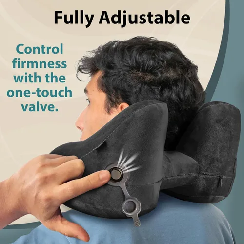 Miniatura 3 de FLOWZOOM Almohada inflable para el cuello para viajar en avión, almohada de avión con capucha en forma de H con 5 modos de repetición, inflado Negro
