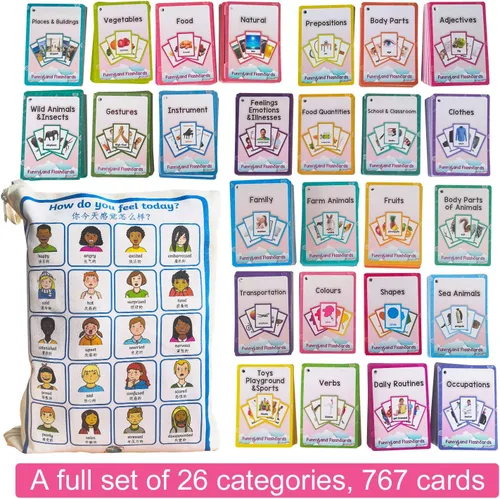 26 categorías 767 PCS Niños Montessori Inglés Aprendizaje Tarjetas Flash Tarjeta de Bolsillo Juguetes para Niños Pre-Kindergarten Educación