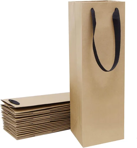 Aimyoo Bolsas de regalo para botella de vino marrón a granel, paquete de 10 bolsas de regalo de papel kraft con asas de 4 x 4 x 14 pulgadas para
