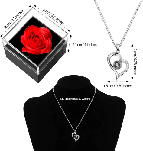 Miniatura 3 de Hicarer Collar con dije de corazón de proyección en 100 idiomas con rosa roja, caja de almacenamiento de joyas, regalos para mamá, mamá, día