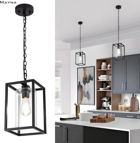 Miniatura 2 de MAYNA Lámpara colgante de granja de 1 luz, lámparas de jaula de metal negro con cadena ajustable y pantalla de vidrio, luces colgantes para isla