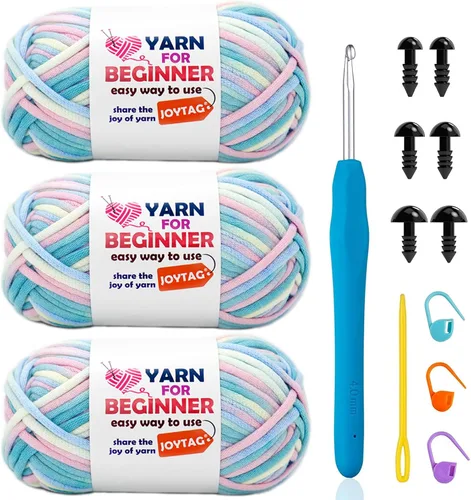 Miniatura 62 de Paquete de 3 hilos de ganchillo de mezcla de algodón y nailon - azul, gris, verde - 3x50g - puntadas fáciles de ver - kit de ganchillo y tejido
