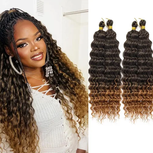 Miniatura 16 de Mezcla de cabello humano para trenzar, cabello sintético rizado bohemio para trenzar, trenzas bohemias de 16 pulgadas, 4 paquetes de 110g/paquete