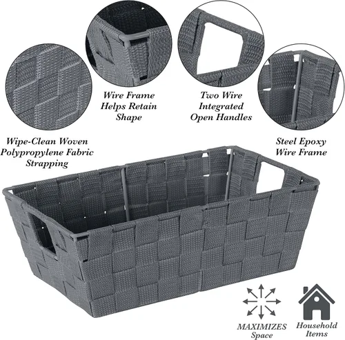 Miniatura 2 de Simplify Bolso pequeño con correa tejida para estante Cesta de almacenamiento decorativa Asas integradas Organización Armario Dormitorio