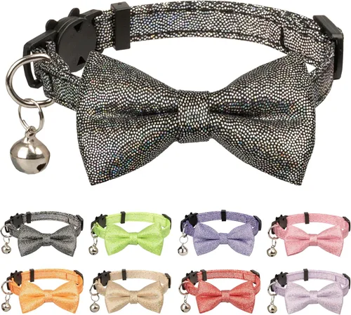 Miniatura 6 de Collar de gato con pajarita brillante para gatos, campanilla, fiesta, boda, fiesta, brillante, 7-11 pulgadas, niña, niño, mascota, color liso