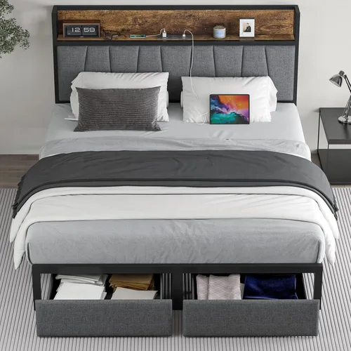 Miniatura 9 de Cikunasi Base de cama tamaño Queen con cabecero y almacenamiento, base de cama con plataforma de cajones con estación de carga y luz LED, Gris