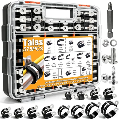 Miniatura 12 de Taiss Kit surtido de 270 abrazaderas de cable, abrazaderas de tubo de alambre aisladas de goma de acero inoxidable 304, 10 tamaños, abrazaderas