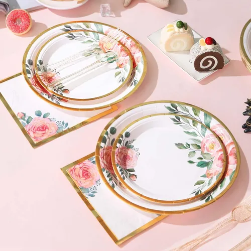 Miniatura 6 de Juego de 350 platos de papel floral, platos desechables con borde dorado para 50 invitados, suministros de fiesta para adultos, jardín, fiesta