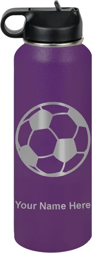 Miniatura 54 de LaserGram Botella de agua personalizada, pelota de fútbol, acero inoxidable de doble pared aislada al vacío con popote superior, regalo grabado