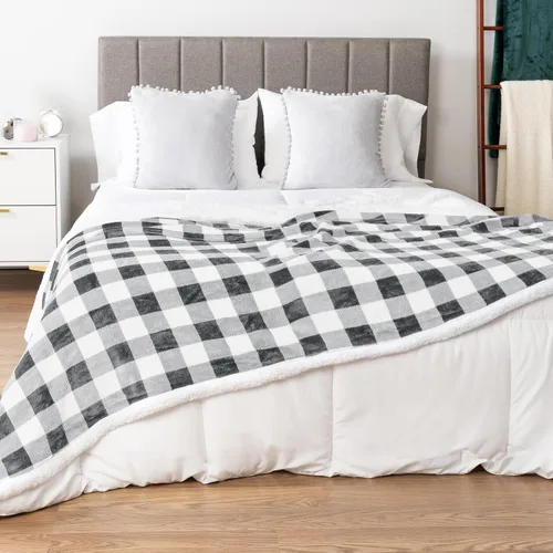 Miniatura 6 de PAVILIA Manta Sherpa de Cuadros Buffalo Gris Claro para Sofá, Manta de Forro Polar Suave Gris Claro a Cuadros, Manta de Franela Suave y Mullida