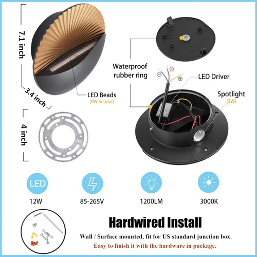 Miniatura 5 de Kawell Moderno y creativo aplique de pared LED de 12 W, impermeable, lámpara de pared para interiores y exteriores, efecto Art Deco para dormitorio