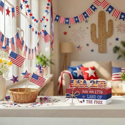 Miniatura 4 de Smile 4 de julio 250th Anniversary - Bloque de madera con decoración de Estados Unidos, 5 piezas "Land of the Free", bandeja patriótica escalonada