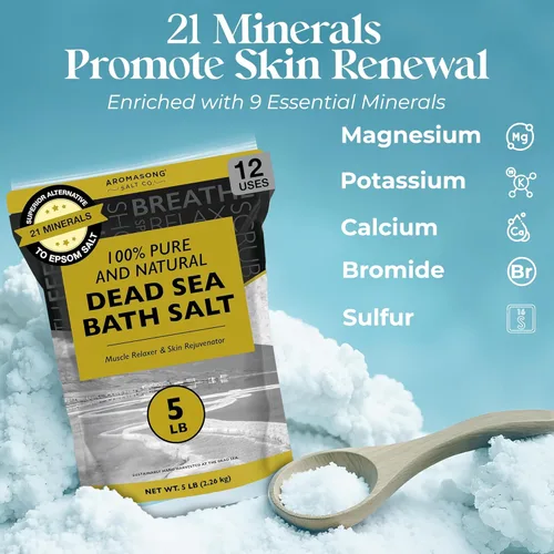 Miniatura 4 de Aromasong Sal de baño del Mar Muerto, 100% puras y naturales, sales del mar muerto para remojar grano fino de 5 libras, paquete resellable a granel