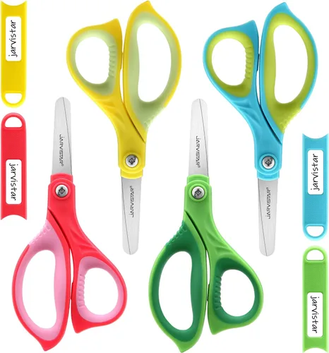 JARVISTAR Paquete de 4 tijeras romas para niños: cuchillas pequeñas de acero inoxidable de seguridad de 5.5 pulgadas con cubierta para escuela,