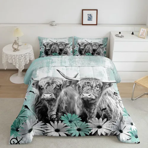 Miniatura 4 de Erosebridal Highland Cow - Juego de edredón tamaño matrimonial, juego de ropa de cama de toro de cuerno largo occidental para niños y adultos, Verde