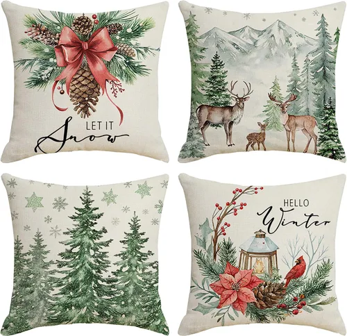 Miniatura 8 de Juego de 4 fundas de almohada rojas de 18 x 18 pulgadas, diseño de Papá Noel, muñeco de nieve, Feliz Navidad, para sofá, decoración de vacaciones